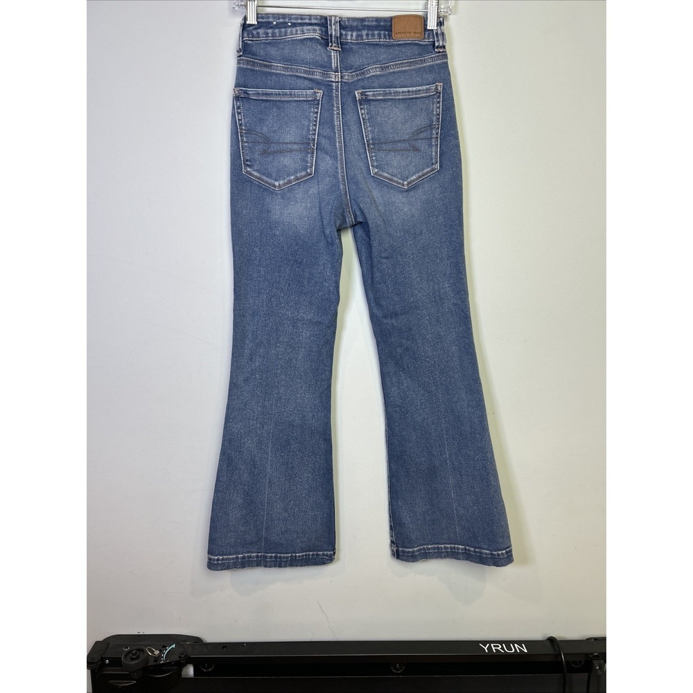 American Eagle Super Hi-Rise Flare Jeans Blue Stretch Denim Medium Wash Size 6 - Picture 7 of 14